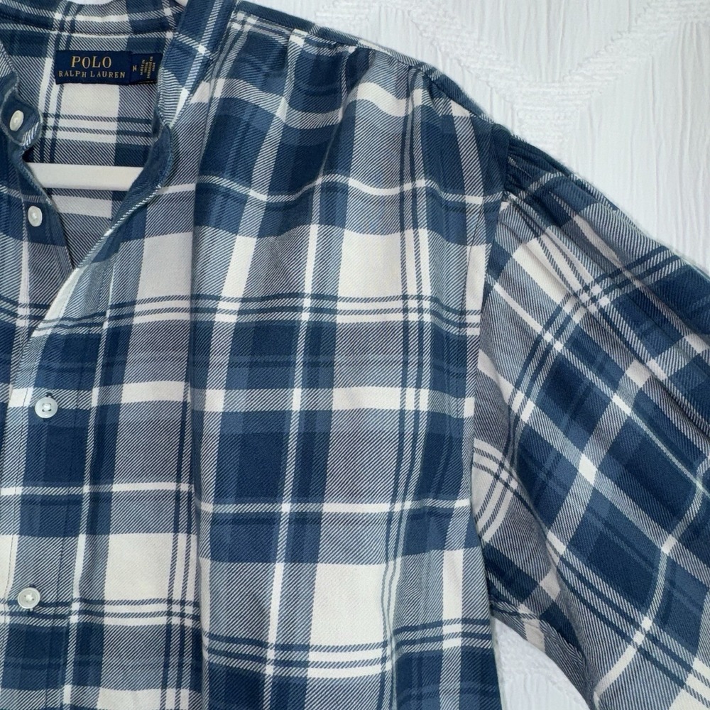 POLO RALPH LAUREN Dian Blue/White Plaid Women's Medium 3/4 Puff Sleeves Shirt - Picture 8 of 16